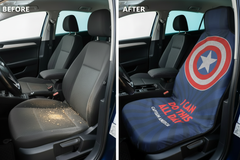 Before and after comparison showing Captain America car seat cover protection