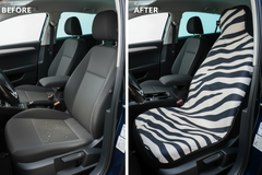Before and after comparison showing Zebra car seat cover protection
