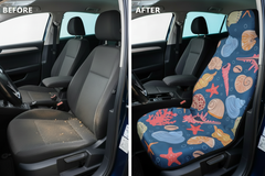 Before and after comparison showing Seashell car seat cover protection