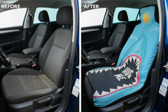 Before and after comparison showing Shark car seat cover protection