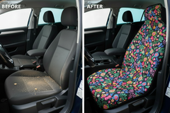 Before and after comparison showing Floral car seat cover protection