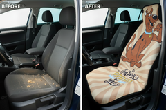 Before and after comparison showing Scooby-Doo car seat cover protection