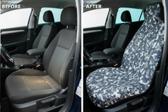 Before and after comparison showing Camouflage car seat cover protection
