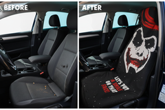 Before and after comparison showing car seat protection with Joker cover