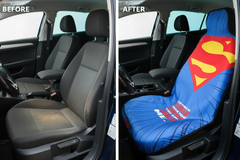 Before and after comparison showing Superman car seat cover protection