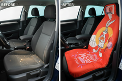 Before and after comparison showing Bugs Bunny car seat cover protection