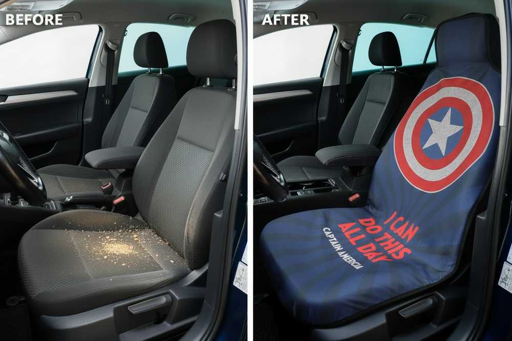 Before and after comparison showing Captain America car seat cover protection
