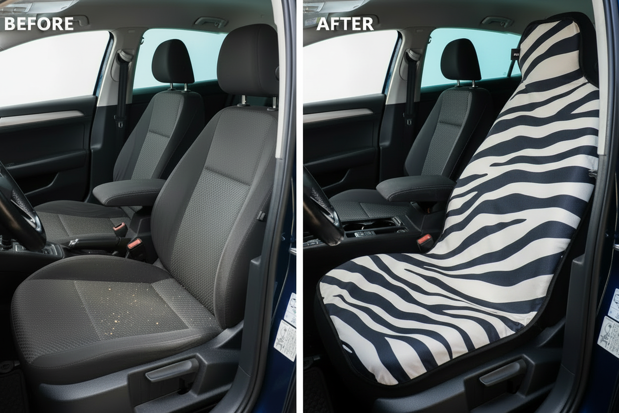 Before and after comparison showing Zebra car seat cover protection