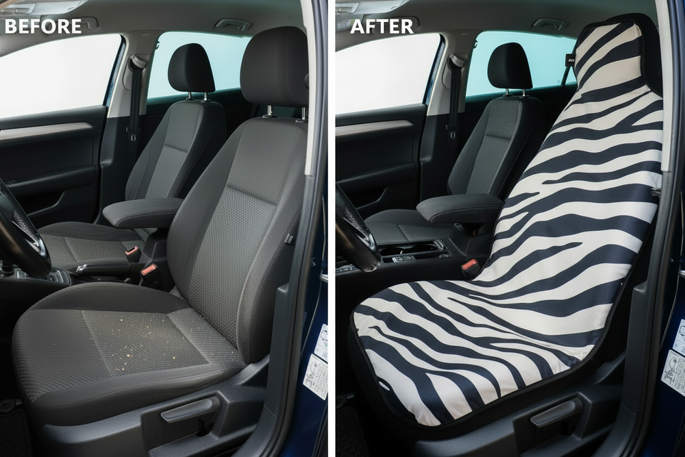Before and after comparison showing Zebra car seat cover protection