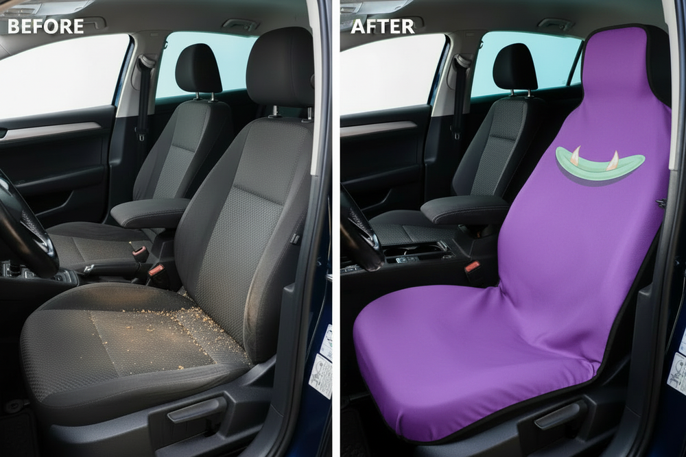 Before and after comparison showing Monster car seat cover protection