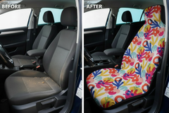 Before and after comparison showing Tree Leaf car seat cover protection