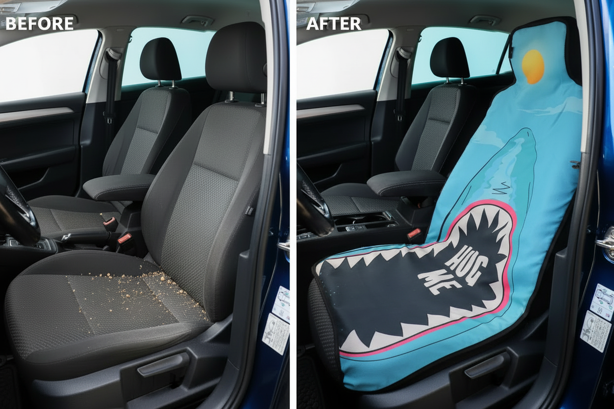 Before and after comparison showing Shark car seat cover protection