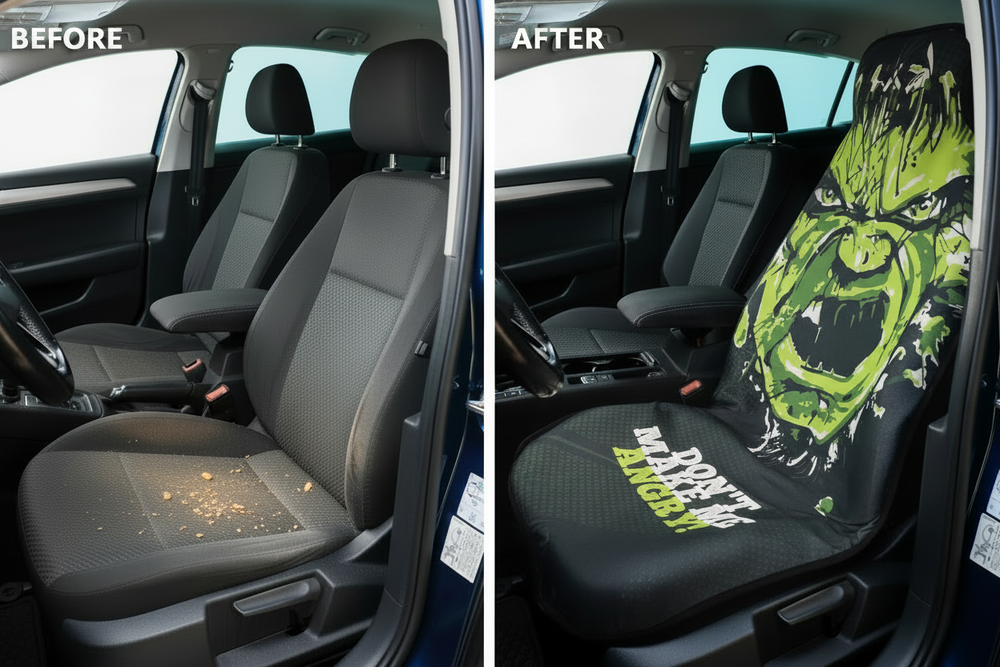 Before and after comparison showing Hulk car seat cover protection