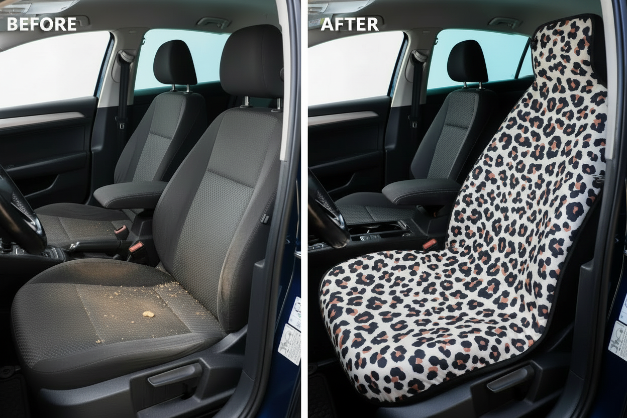 Before and after comparison showing Leopard car seat cover protection