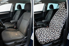 Before and after comparison showing Leopard car seat cover protection