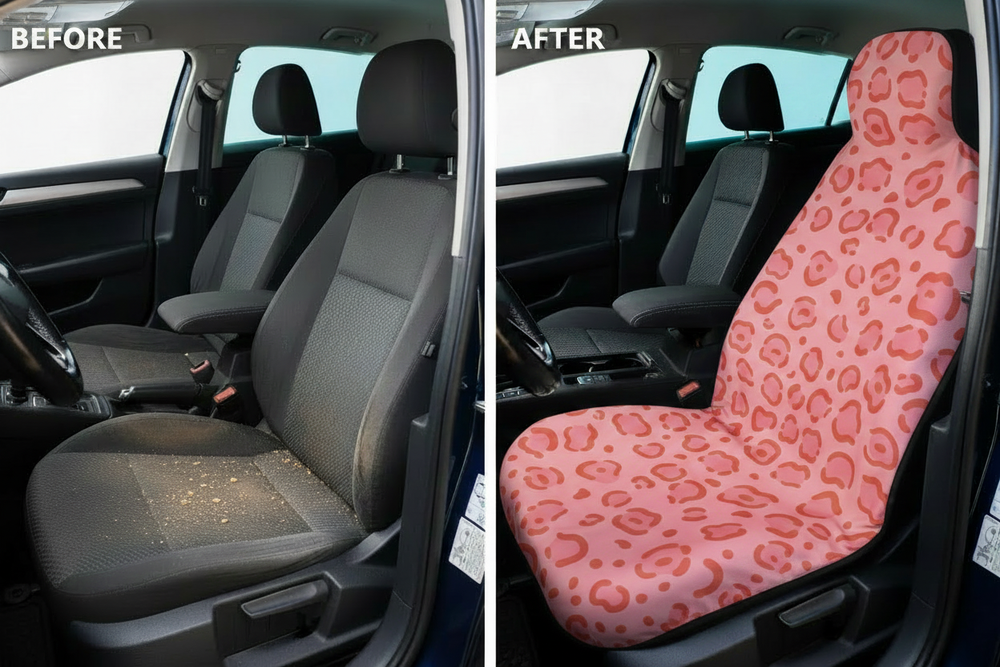 Before and after comparison showing Pink Leopard car seat cover protection