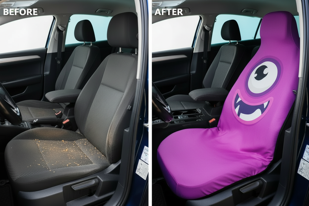 Before and after comparison showing Cyclops car seat cover protection
