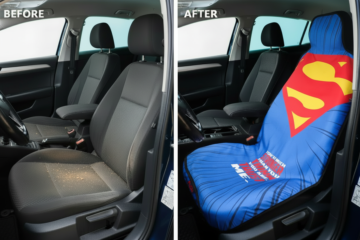 Before and after comparison showing Superman car seat cover protection