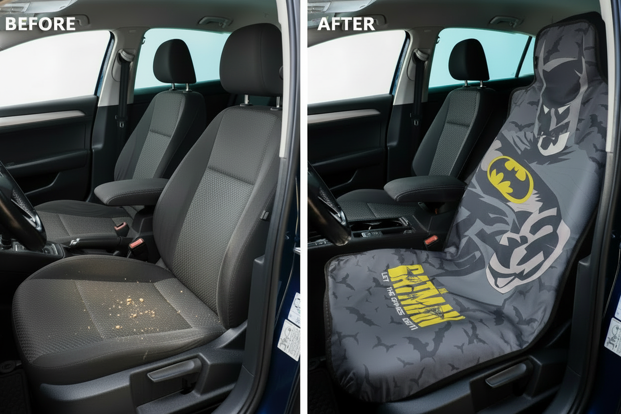 Before and after comparison showing Batman car seat cover protection